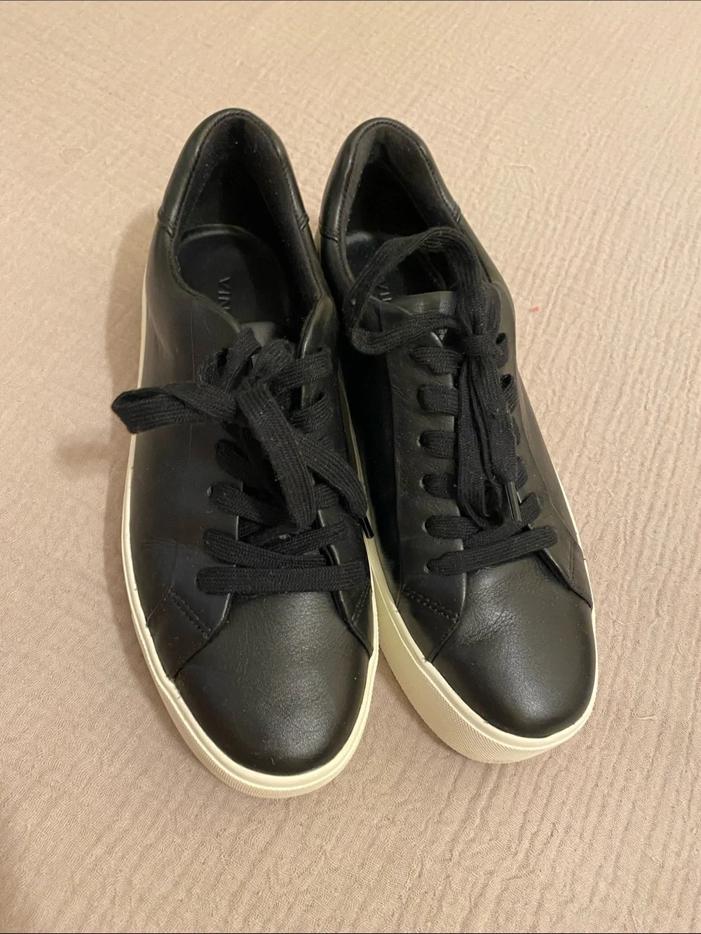 Vince Black Leather Low-Top Sneakers - Classic Casual Style. Size 6.5